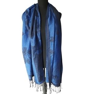 Pretty Blue Pashmina Silk Floral Fringe Scarf Shawl